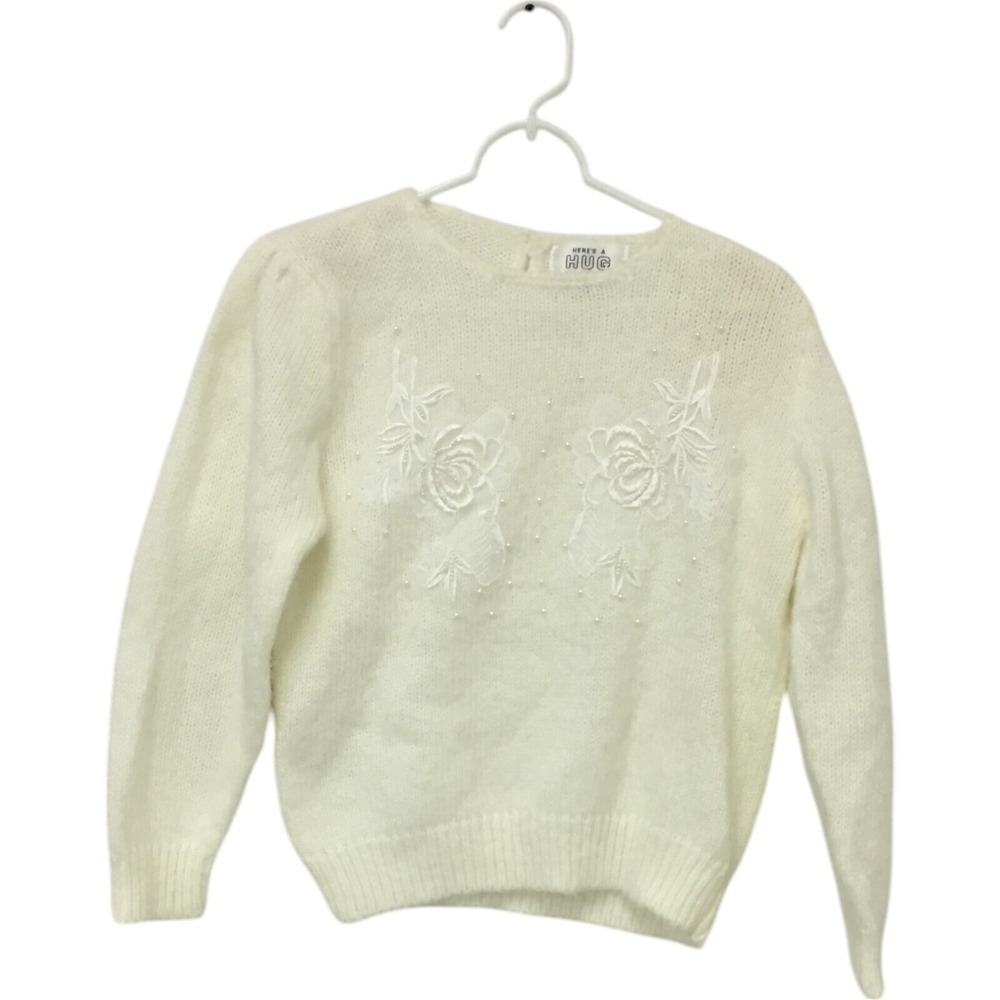 Heres A Hug Pullover Sweater Womens Small Ivory Acrylic Crew‎ Neck Long Sleeve